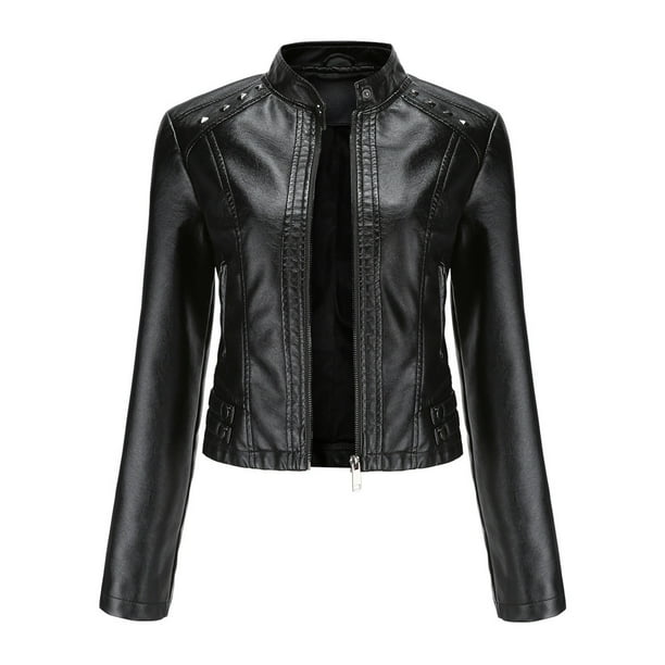 Chaqueta de cuero para mujer, chaqueta de motorista corta, cuello alto, cremallera, chaqueta de cuero, chaqueta de entretiempo para otoño y primavera