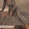 thumbnail image 1 of Pin Dot Print Robe Taille Haute Élégant V Cou Manches Longues Maxi Robe Vêtements pour Femmes, 1 of 7
