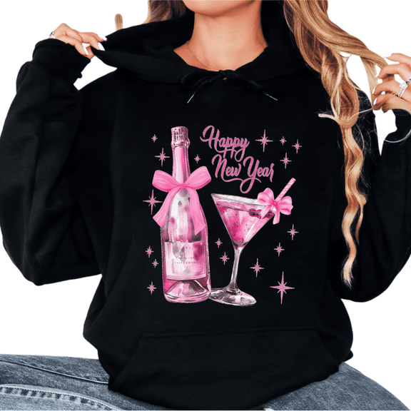 Happy New Year Theme Pink wine glass Graphic Tee T Shirt Graphic Tops Comfortable Hooded long-sleeved Black S-2XL