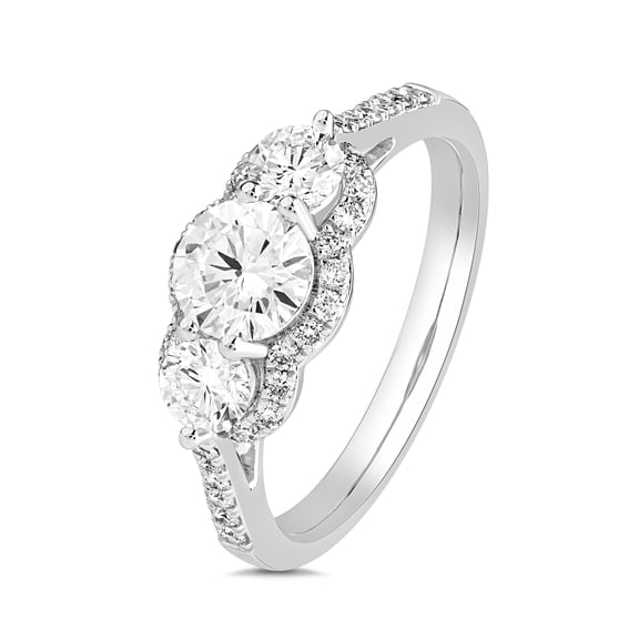 DewberryDiamonds 1.50 Cttw IGI Certified Lab Grown VVS-VS/FG Diamond Three Stone Wedding Ring Solid 925 Sterling Silver 14K White Gold Plated Round Side Accents Diamond Engagement Ring | Size-7
