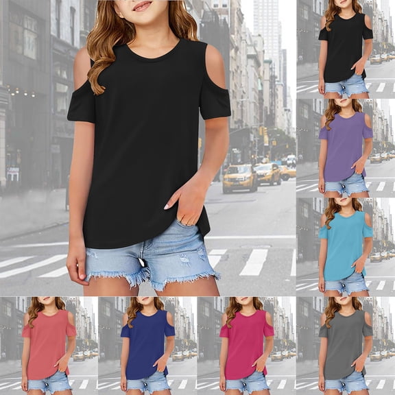 RTKFRFLM Kids Cold Shoulder Solid Color T-Shirt Girls Fashion Short Sleeve Open Shoulder Tee Top Summer Basic Cotton Shirt for Children Trendy Cut-Out Shoulder Daily Wear Soft Outfits