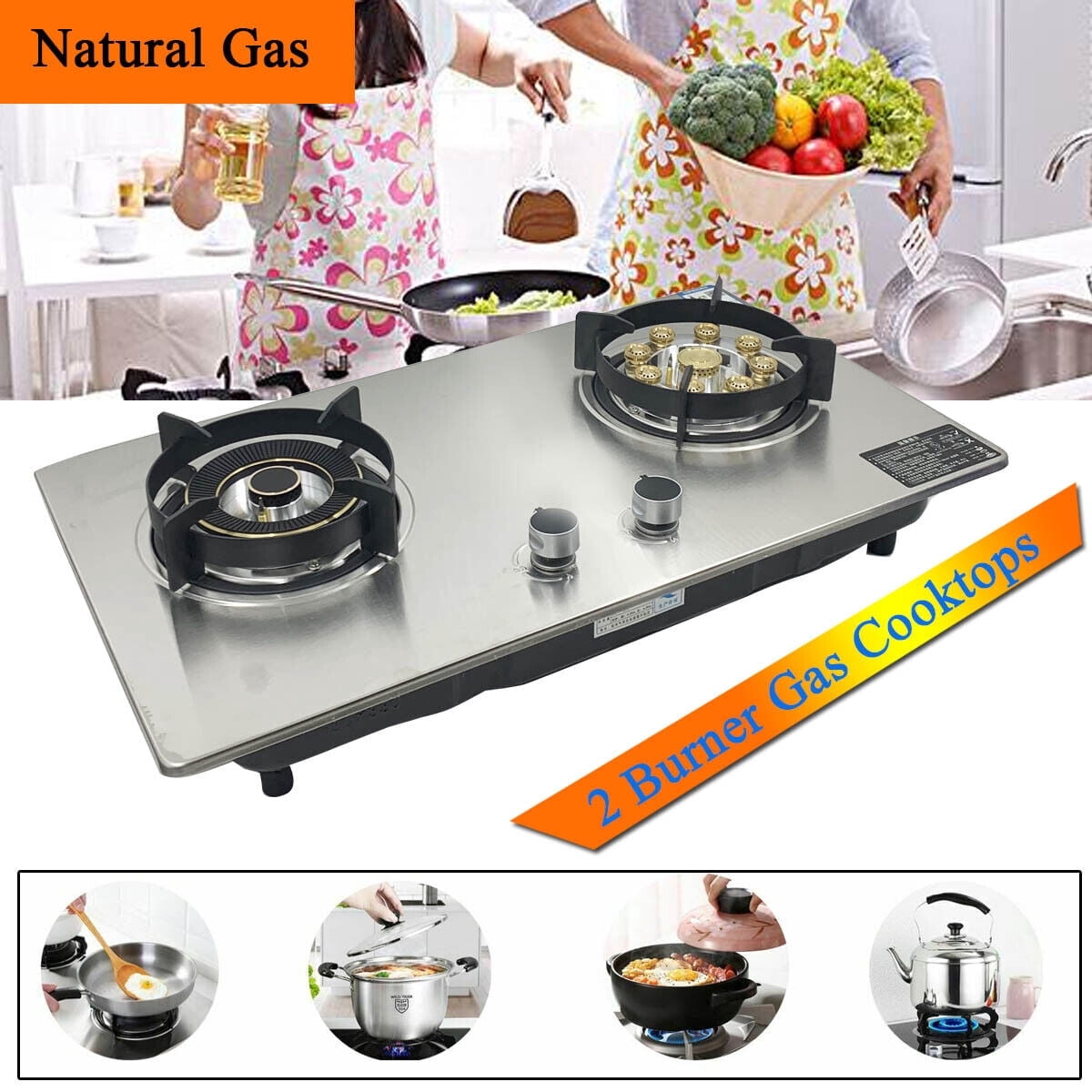 TABODD Gas Stove Gas Cooktop 2 Burners, 28 Inches Portable Stainless Steel Built-in Gas Hob Dual Fuel Easy to Clean for RVs, Apartments, Outdoor