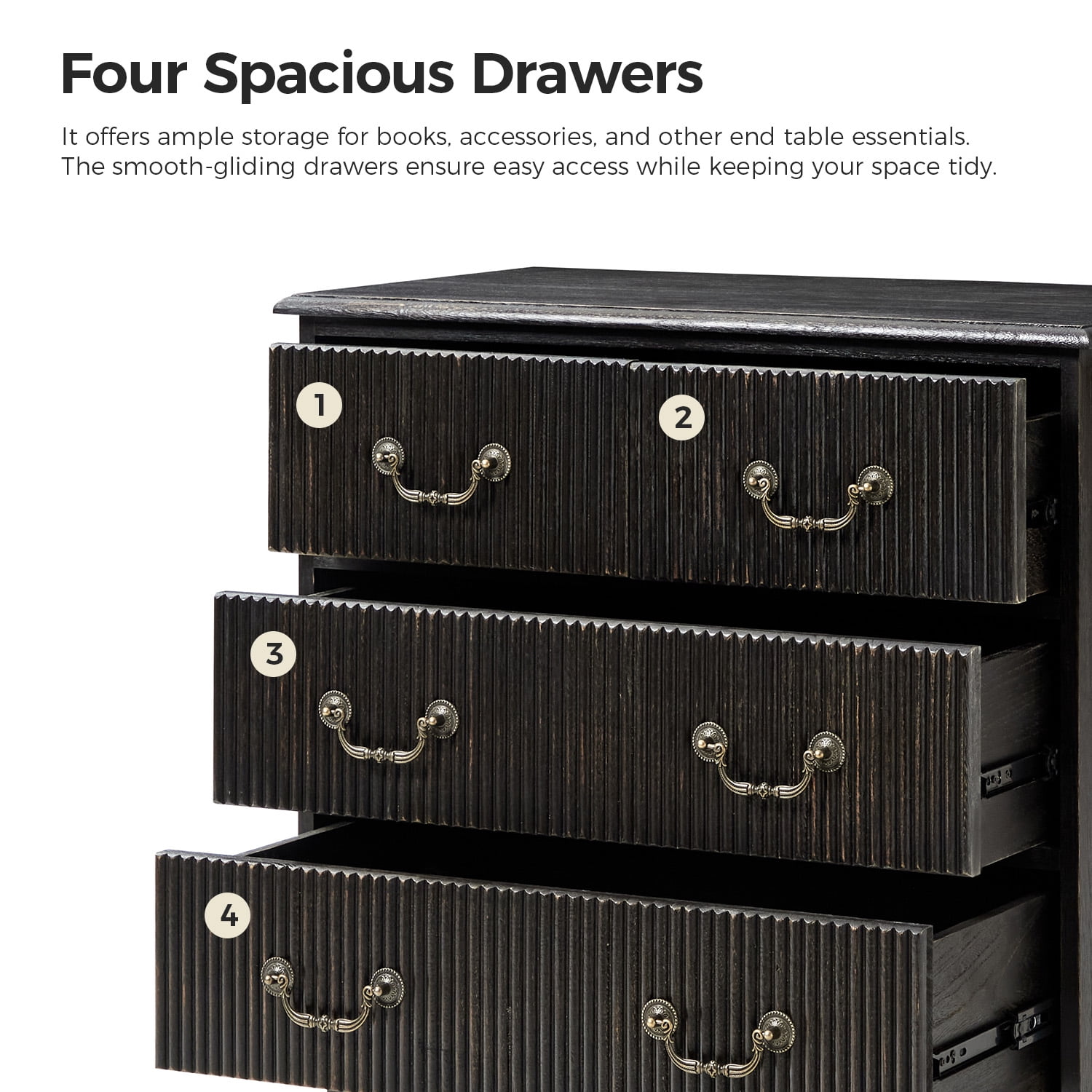 Tina's Home Transitional Set of 2 Solid Wood End Tables with Vertical Striped Design, Built-in Charging Station - 4 Charcoal Drawers