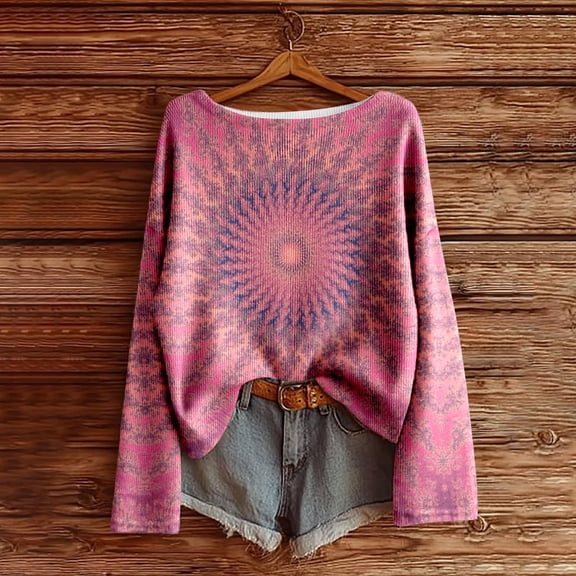 Winter Tops for Women Long Sleeve Retro Print T-shirts Crewneck Loose Casual Womens Graphic Tees Pink S