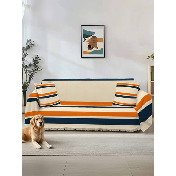 Orange Blue Stripe Couch Cover for Dogs, Minimalist Farmhouse Stripes Washable Sofa Covers Slipcover for Pets Dogs Futon Cover, Couch Recliner Covers, Oversized Chair Slipcover 71"x91"