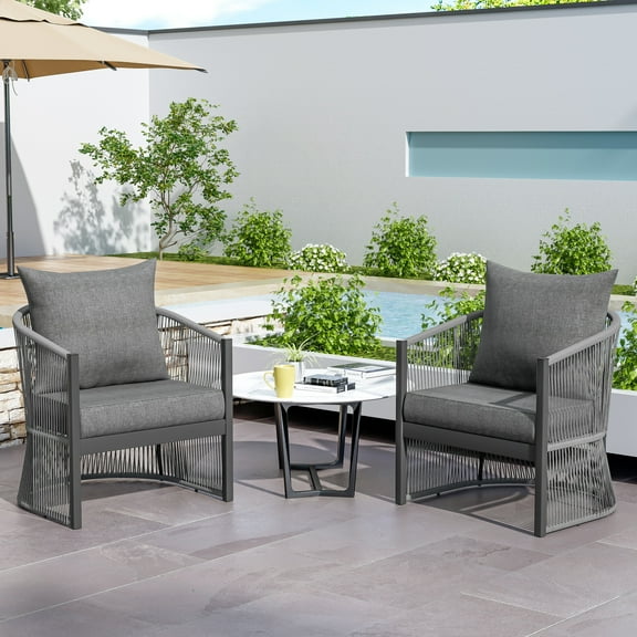 GDF Studio Elle Modern Rope-Weave Lounge Chair, Club Chair with Aluminum Frame, Curved Silhouette, Grey, Set of 2