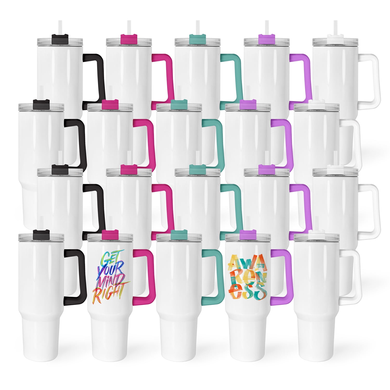 AGH 40oz Sublimation Tumblers Stainless Steel White Cups with Colorful Handles and Lids Double-Wall Set of 20 for DIY Custom Printing