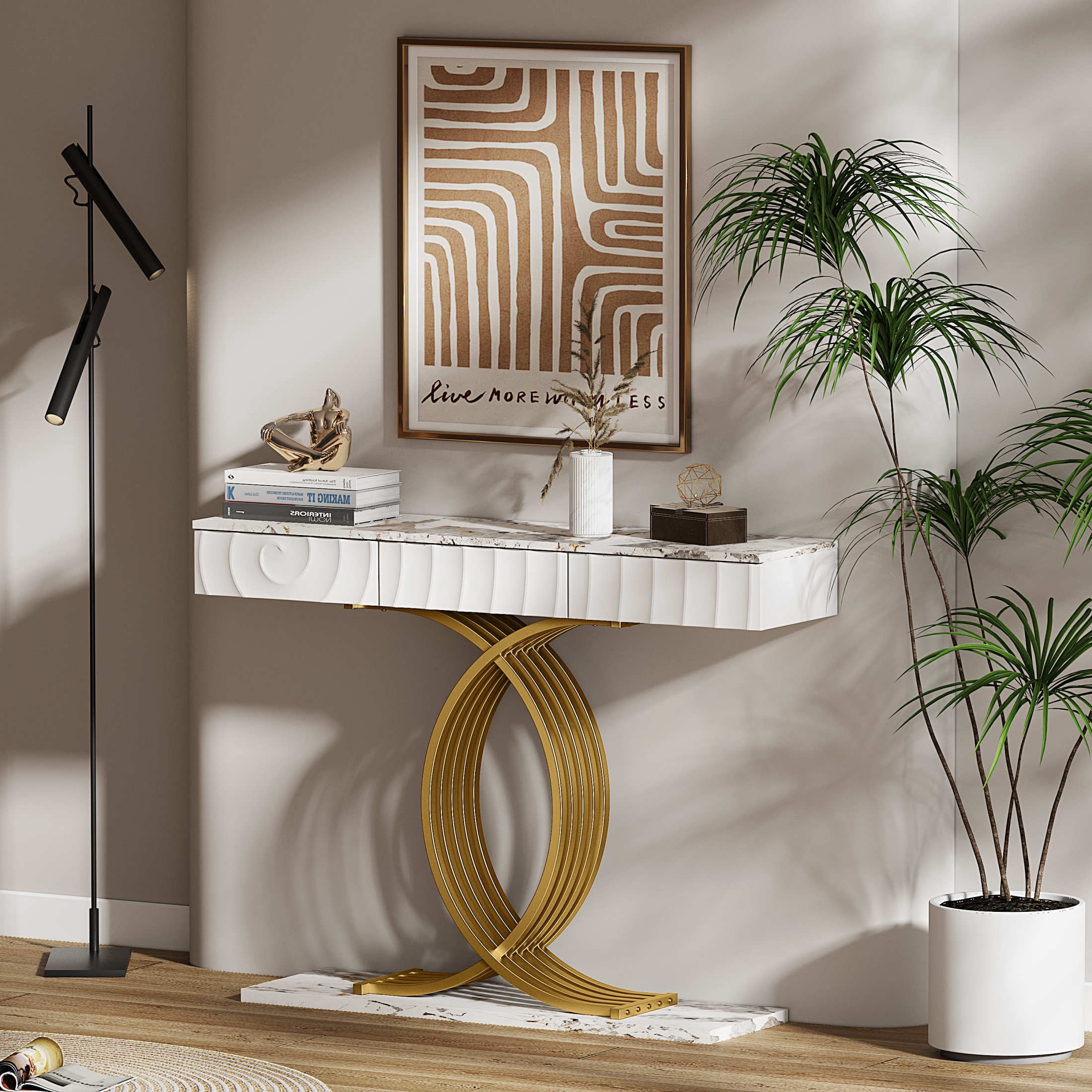 Noble House Arvion 47.3" Narrow Entryway Console Table with Storage Drawers & Geometric Metal Legs, White & Gold