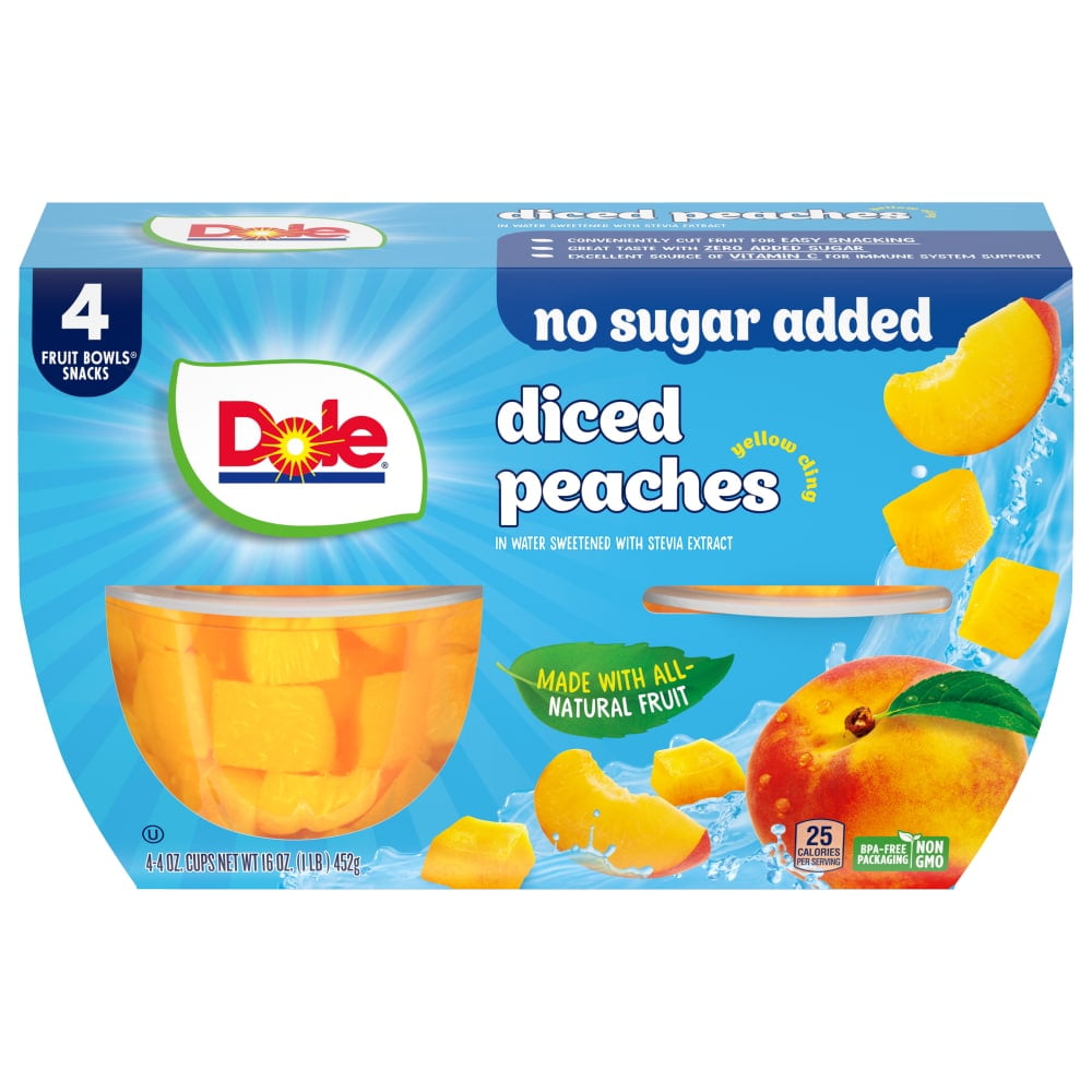 Dole Fruit Bowls Diced Peaches with No Sugar Added Cups 4 ct / 4 oz - 3 Pack