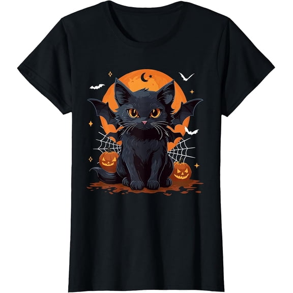 Cute Black Cat with Bat Wings Pumpkin Halloween T-Shirt