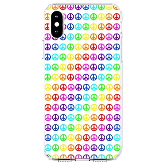 DistinctInk Clear Shockproof Hybrid Case for iPhone XR (6.1" Screen) - TPU Bumper, Acrylic Back, Tempered Glass Screen Protector - White Rainbow Peace Signs