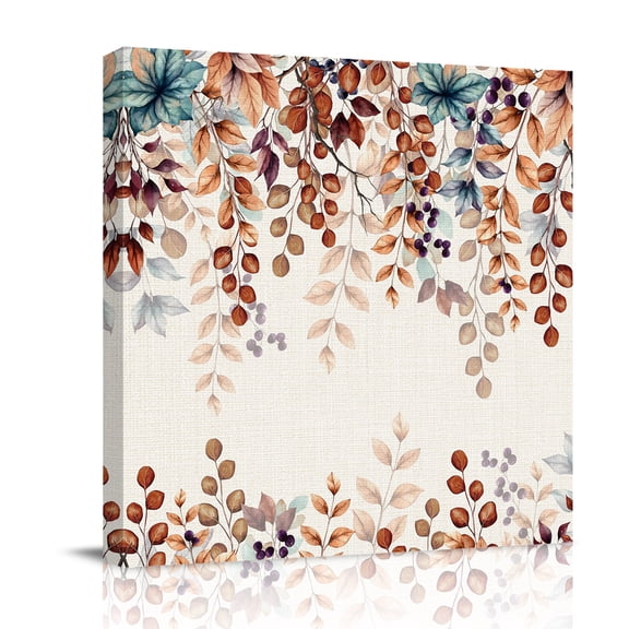 Canvas Wall Art, Orange Eucalyptus Leaves Framed Canvas Prints for Bathroom Kitchen, Botanical Fall Rustic Beige Gallery Wrapped Wall Decor for Home Office, Gifts, 10"x10" Ship Next Day
