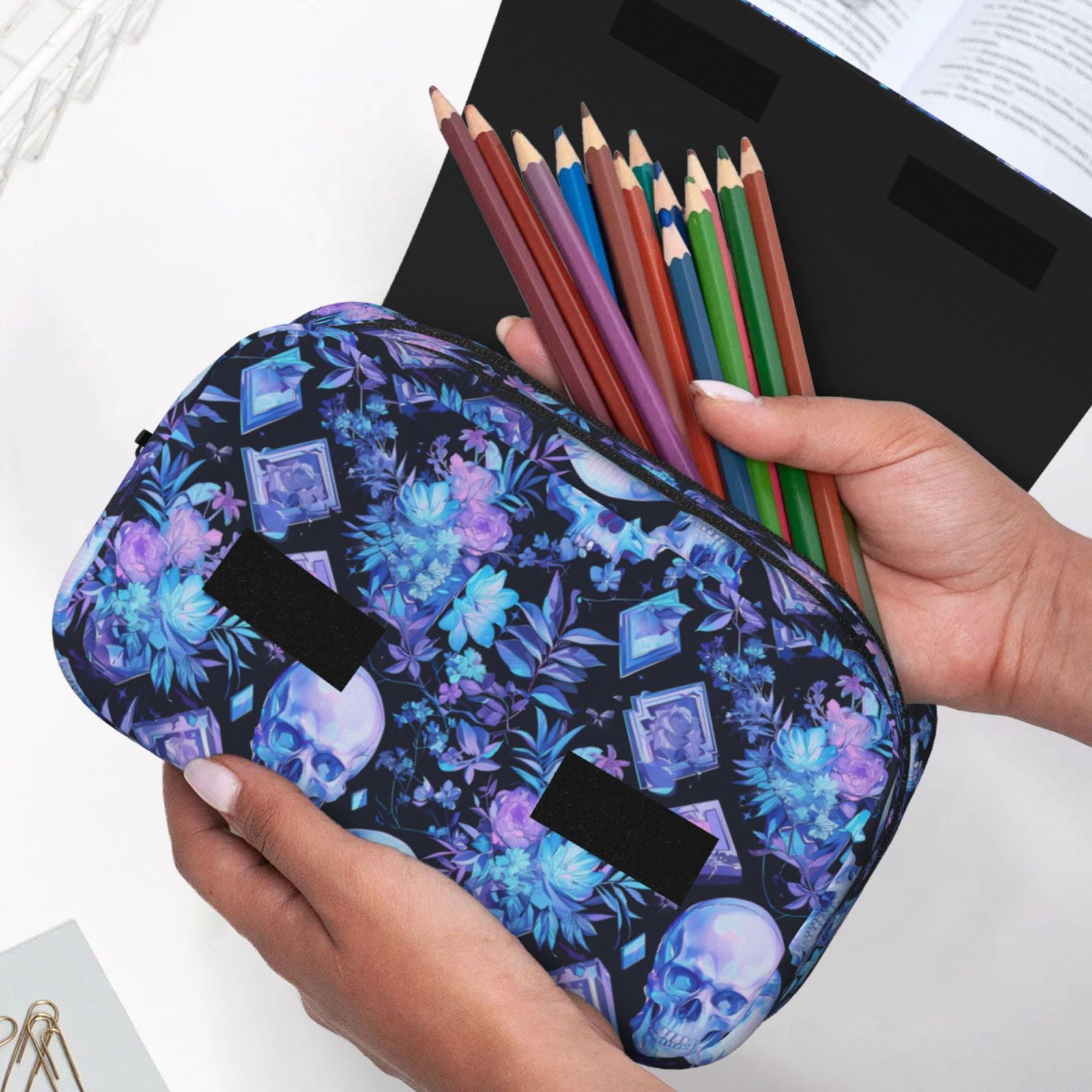 Rateoe Skull blue crystal flower Pattern Double Clamshell Pen Case, Storage Organizer with Two Zipper Compartments– Holds Up to 50 Pencils & Pens
