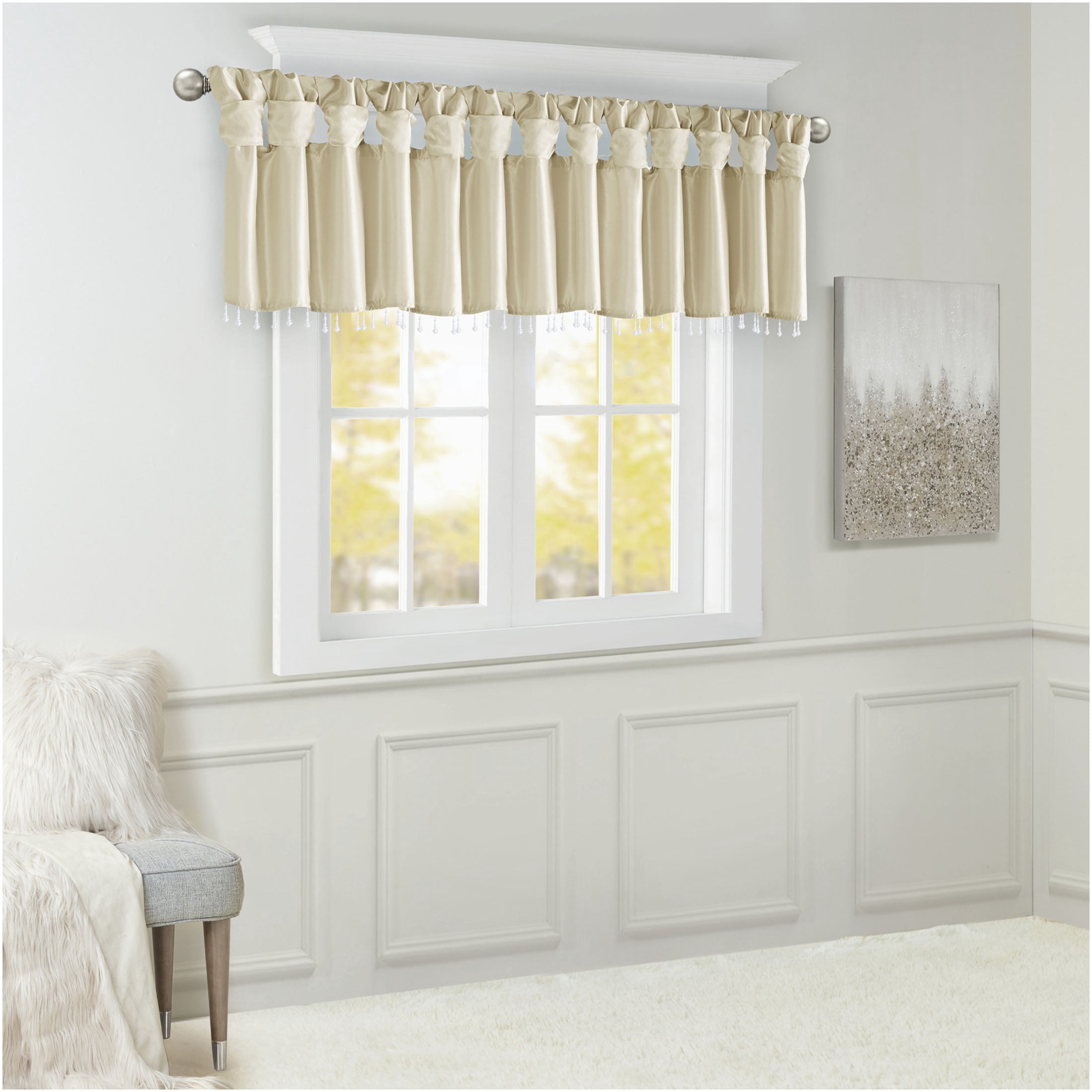 JERFIT Elegant Champagne Faux Silk Window Valance with Beaded Trim, 50x26 Inch Lightweight Blackout Valance for Living Room Bedroom