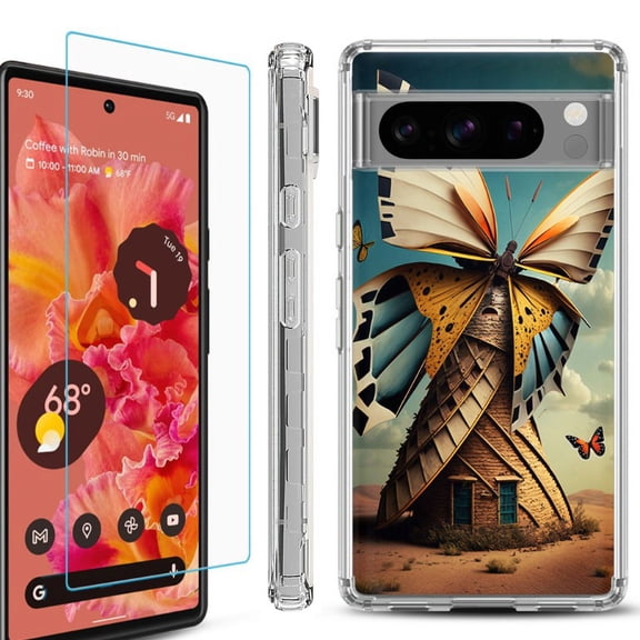 OneToughShield ® Compatible with Google Pixel 8 Pro, Shockproof Phone Case, with Tempered Glass Screen Protector - Butterfly Windmills