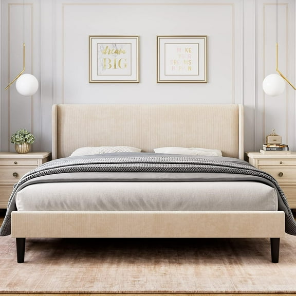 Full Bed Frame with Wingback Headboard – Elegant Vertical Stripe Velvet Upholstered Bed with 2 Storage Pockets, Sturdy Wood Slats, Easy Assembly, Beige