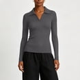 thumbnail image 4 of AcaicsNo Boundaries Women's Long Sleeve Knit Top, Slim Fit Ribbed V Neck Polo Collar Solid Casual Sweater, 4 of 6