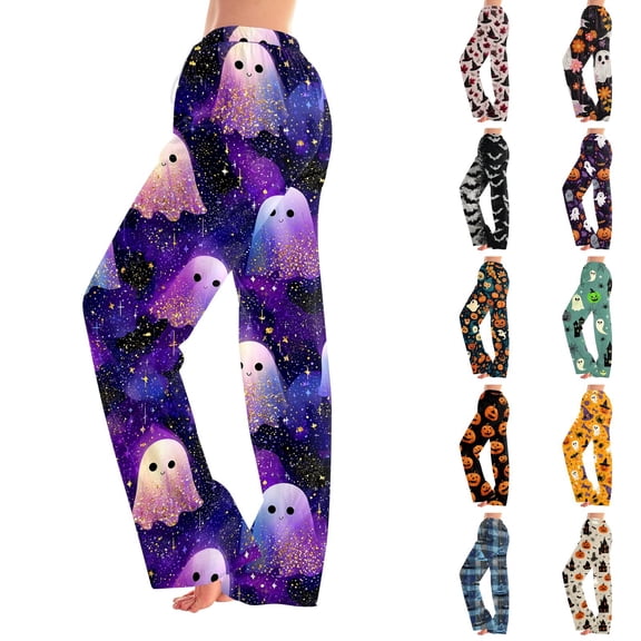 Trgacdwlo Womens Halloween Pajama Pants Vintage Ghost Pattern Womens Pajama Pants Fall Elastic Waist Wide Leg Women's Sleep Pants