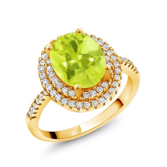 Gem Stone King 18K Yellow Gold Plated Silver Halo Engagement Ring Lemon Quartz Moissanite (2.08 Cttw)