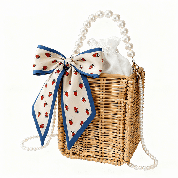 Pearl Basket Purse  with Scarf, Handwoven Rattan Beach Bag For Women, Rectangular Wicker Handbag, Vintage Straw Tote Bag