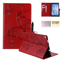 Dteck Folio Case For Amazon Fire HD 10 10.1" 2017 Model, Lightweight Embossed Butterfly PU Leather Flip Stand Case Cover with Card/Stlylus Holder,Red