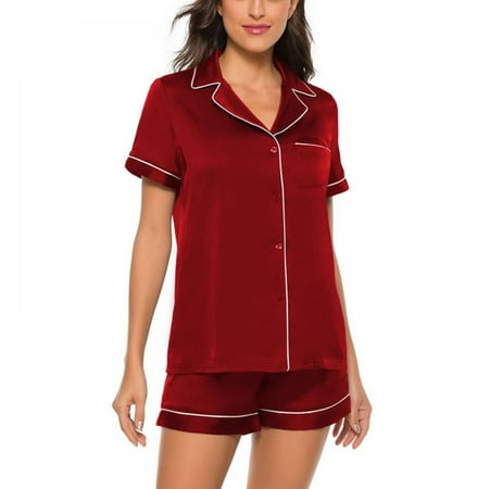 

Women s Satin Pajamas Sets Short Sleeve Shirt and Shorts 2 Piece Button Down Sleepwear Loungewear Soft Capri Shorts Casual Nightshirt Set Summer Solid Color Lined PJs for Slumber Party Lounge Sets