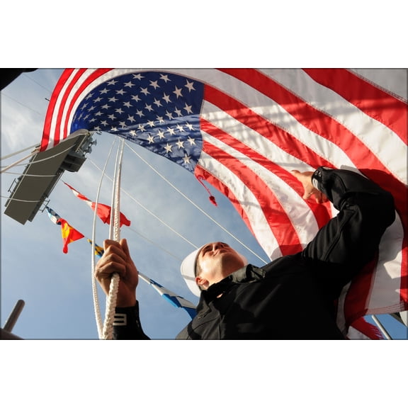 24"x36" Gallery Poster, U.S. Navy Seaman shifts colors USS Ronald Reagan (CVN 76)