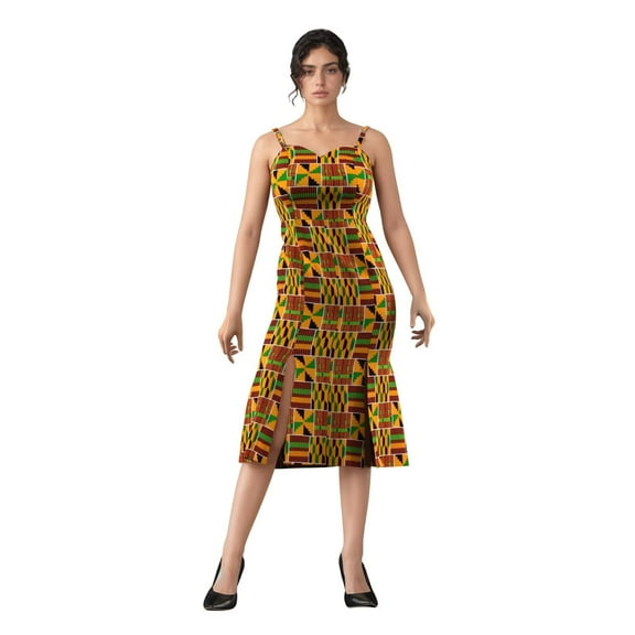 Bintarealwax African Print Dress for Women Sleeveless Sexy Spaghetti Strap Bodycon Midi Dresses Cocktail Party Summer