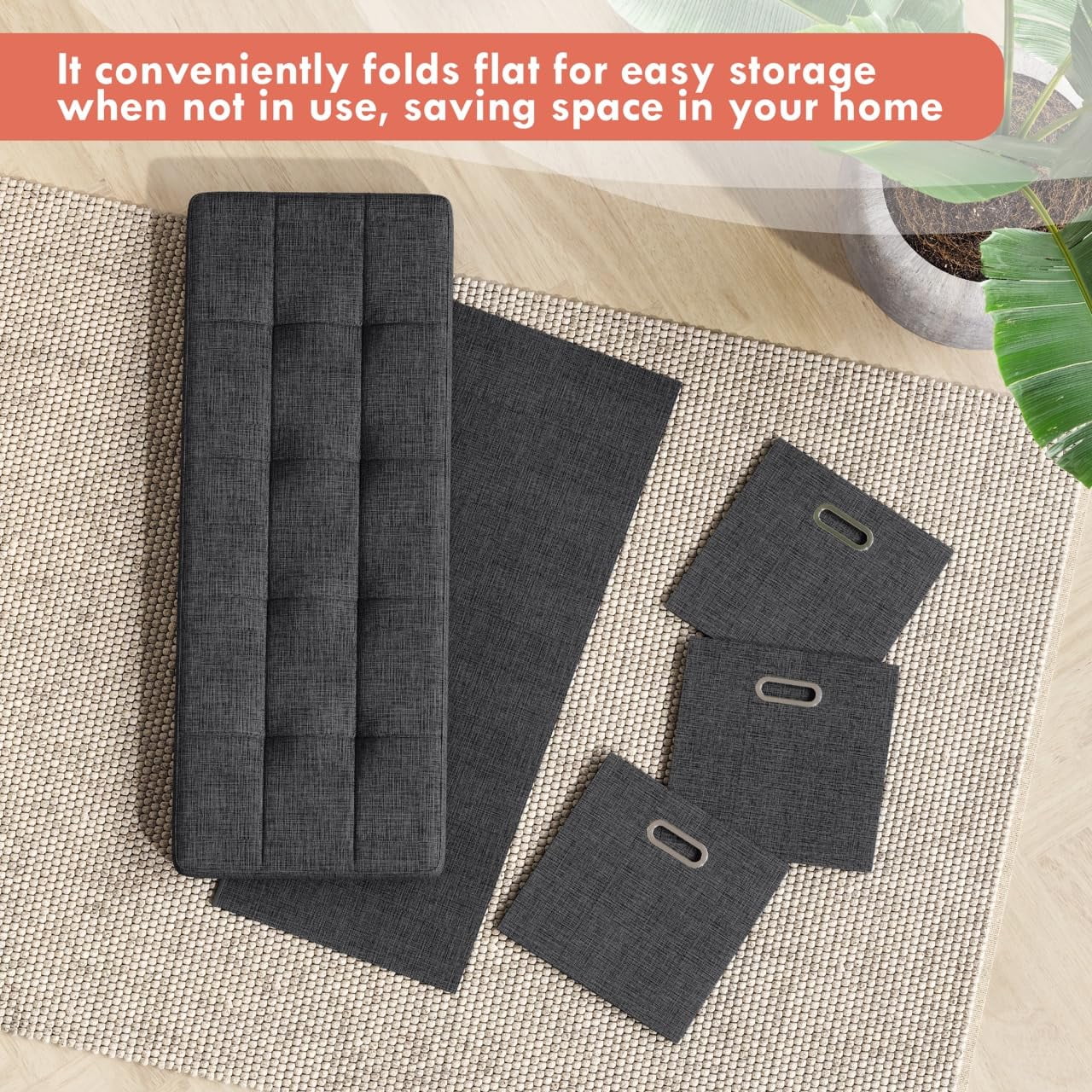 Multi-Functional Storage Ottoman 40 Inch, Foldable Tufted Linen Bench with 3 Cube Drawers, Foot Rest Seat for Living Room Bedroom, Black