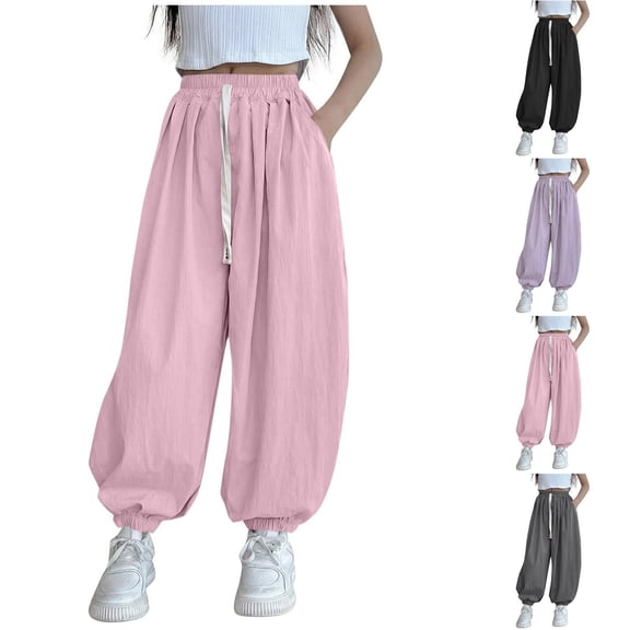 Baggy Wide Leg Pants Girls Cotton Barrel Pants Sun Protection Mosquito Proof Mid Waisted Balloon Pants with Pockets 5-15Y Pink