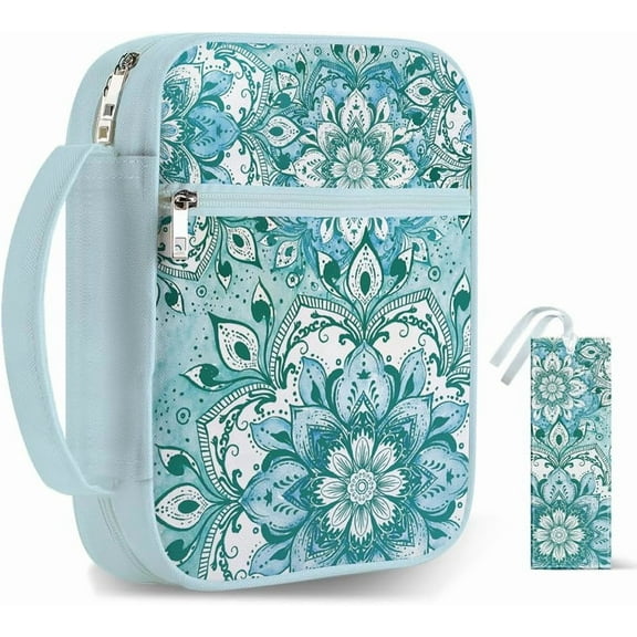 1pc Bible Covers with Handle 12x8.7 inch Lotus Large Zippered Carrying Book Case Turquoise Bible Protective with Pocket and Bookmarks for Women Men Bible Note Books Carrying Accessories Blue
