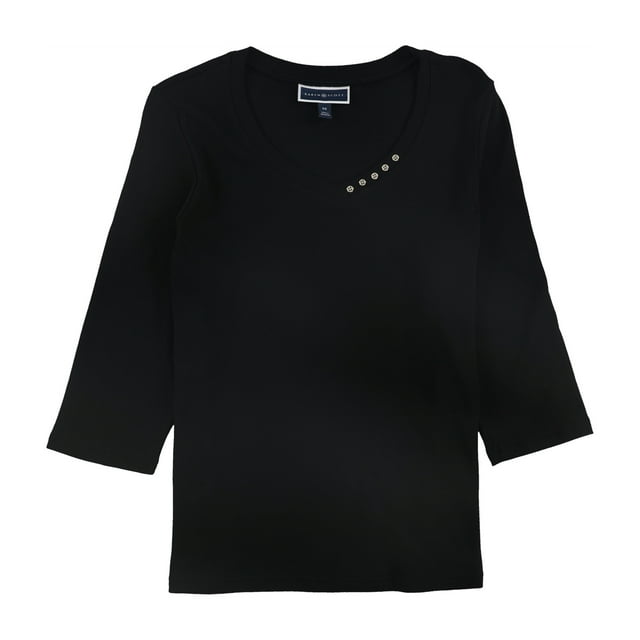 Karen Scott - Blusa para mujer con botones y ribete, color negro, talla mediana Karen Scott Pull-over