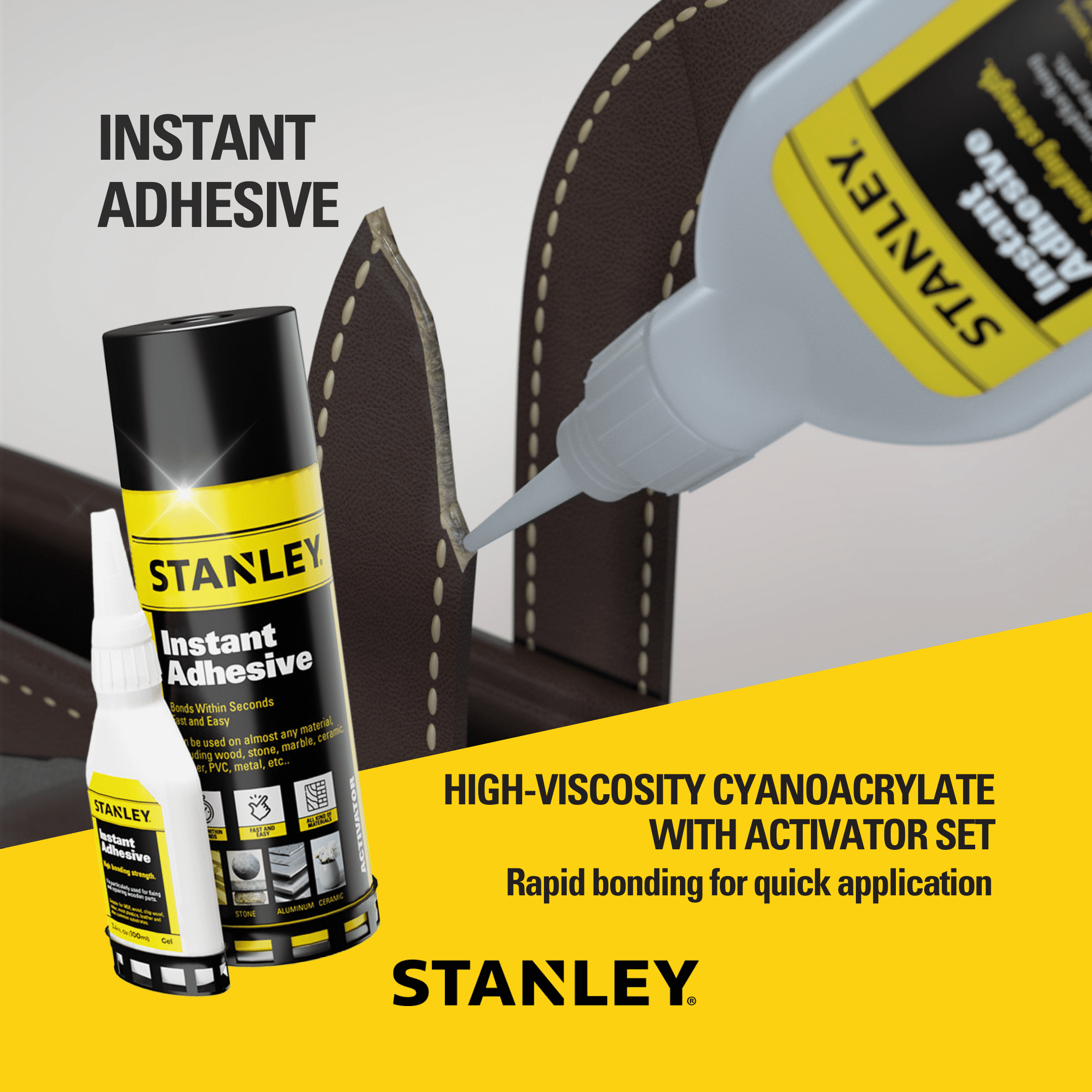Stanley CA Glue with Activator Bundle, (3.4 oz. - 13.5 fl oz.) 6 Pack