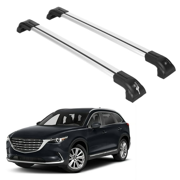 ERKUL Heavy Duty Roof Rack Cross Bars for Mazda CX9 CX-9 2016-2024 | Solid Metal Mounts | Aluminum Crossbars with Anti Theft Lock for Rooftop - Compatible with Flush Rails - Silver