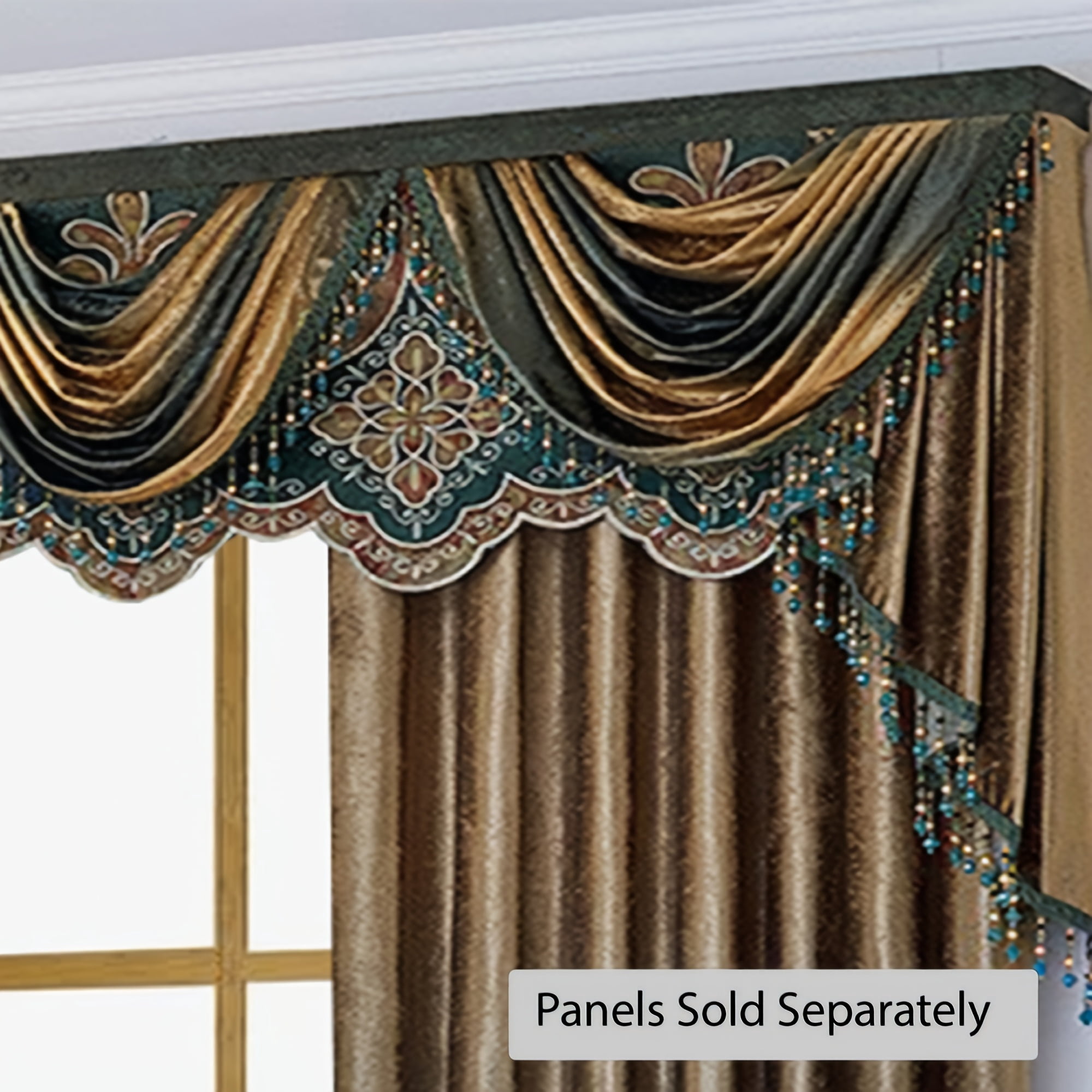 Luxury 3D Swag Valance with Beaded Tassels, Iridescent Jacquard Multi-Tone Coffee & Teal Window Topper, Velcro & Rod Pocket (1 pc)