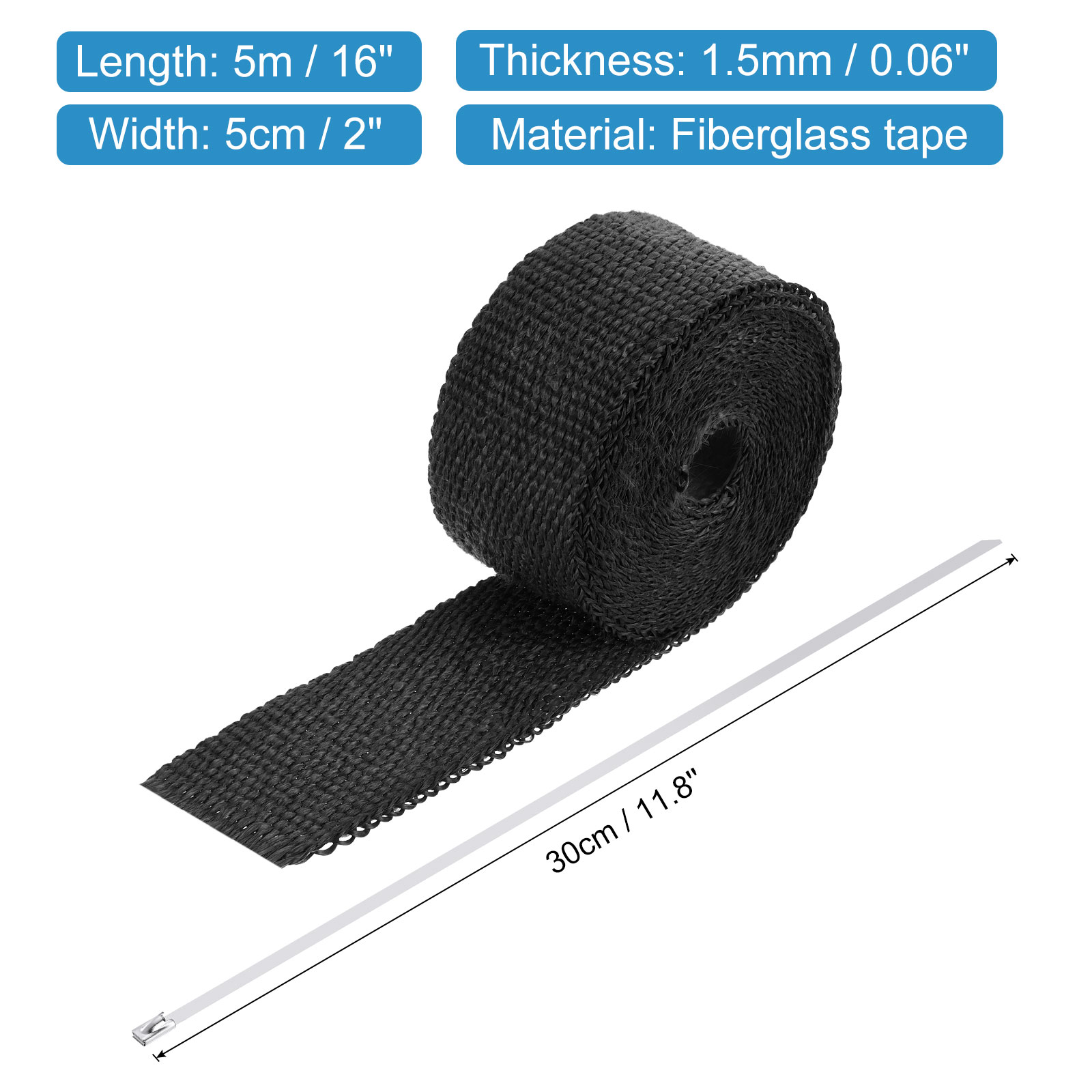 16ft Black Fiberglass Exhaust Header Heat Wrap Kit - Includes 4 Stainless Ties