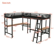 Euroco Metal L-Shaped Twin Size Loft Bed with Two Desk for Kids Teens Bedroom, Black