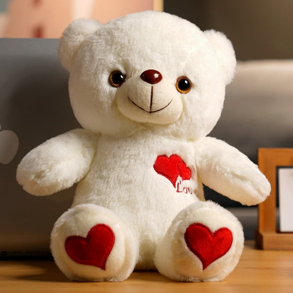 Gallickan Light up White Teddy Bear, LED Bear Stuffed Animal Soft Nightlight Glow Bear Plush Toy Gifts for Kids Mom Girls Birthday Christmas, 10 Inch, 1pc-2 Hearts