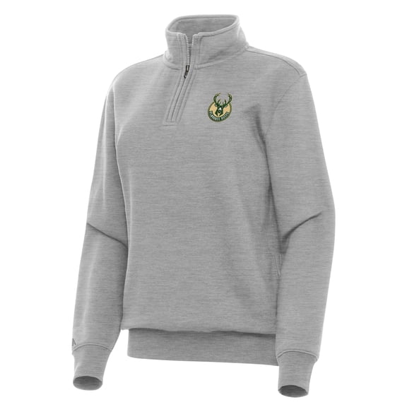 Women's Antigua Heather Gray Milwaukee Bucks Victory Quarter-Zip Sweatshirt