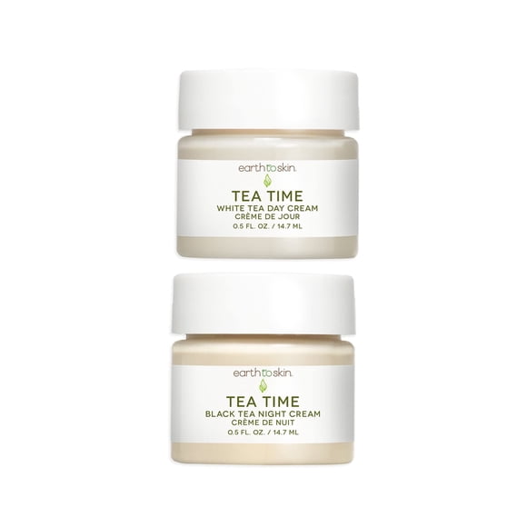 Earth To Skin Tea Time Mini Duo Set: Crema de día de té blanco (0.5 onzas líquidas) y crema de noche de té negro (0.5 onzas líquidas) Hidratación durante todo el día y la noche para cara y cuello (paq