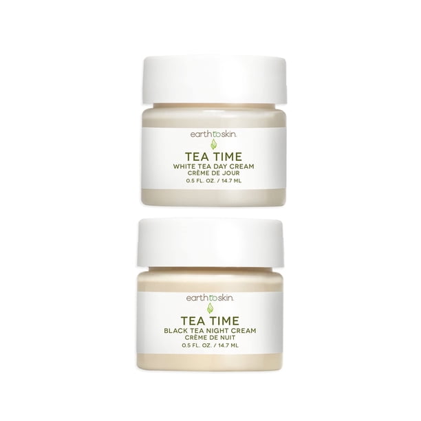 Earth To Skin Tea Time Mini Duo Set: Crema de día de té blanco (0.5 onzas líquidas) y crema de noche de té negro (0.5 onzas líquidas) Hidratación durante todo el día y la noche para cara y cuello (paq