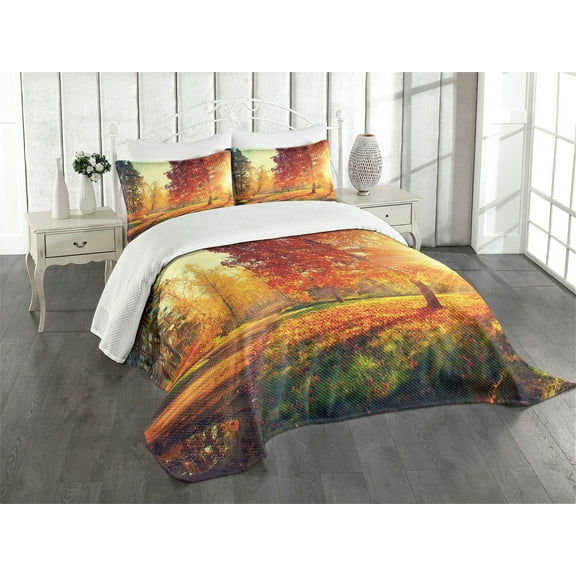 Ambesonne Fall Quilted Bedspread Set 3 Pcs, Misty Day in the Forest, Queen Size, Orange Yellow Green