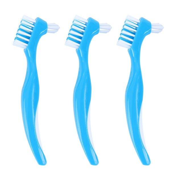 EeaseMX Cepillo de dientes para dentaduras postizas, 3 unidades, cabezal doble, mango antideslizante, portátil, para uso doméstico, color azul.