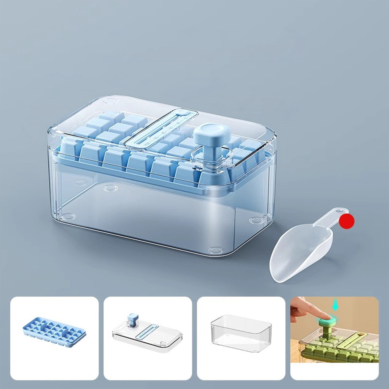 48 Cube Ice Maker With Easy Press Lid, Double Layer Portable Ice Maker with Lid and Storage Box for Freezer, Handled Press-Type Ice Cubes Tray with Lid and Bin for Whiskey, Cocktail, Beer (Blue)