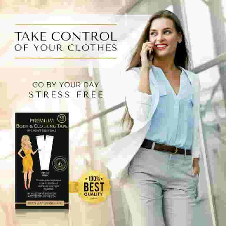 Linda's Essentials 100 Pcs Double Sided Body Tape for Clothes to Stay in Place - Double Sided Fabric Tape for Clothes and Skin - Transparent Adhesive Linda's Essentials 100 Pcs Double Sided Body Tape for Clothes to Stay in Place - Double Sided Fabric Tape for Clothes and Skin - Transparent Adhesive