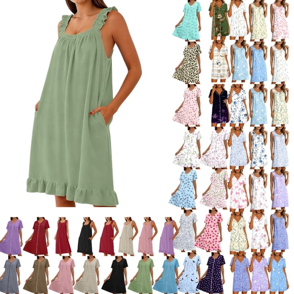 Gamivast Nightgown for Women Short Sleeve Round Neck Loose Fit Comfy Sleep Shirt Ribbed Knit with Pockets Contrast Trim Ultra Soft Lounging Summer Nightwear