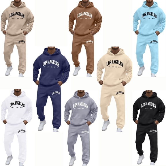 Zimjoy Men Hoodie Sweatpants 2 Piece Tracksuit, Pullover Hooded Sweatshirt & Jogger Pants Matching Outfit, LA California Letter Print Men Casual Streetwear Athletic Loungewear Set Beige XL