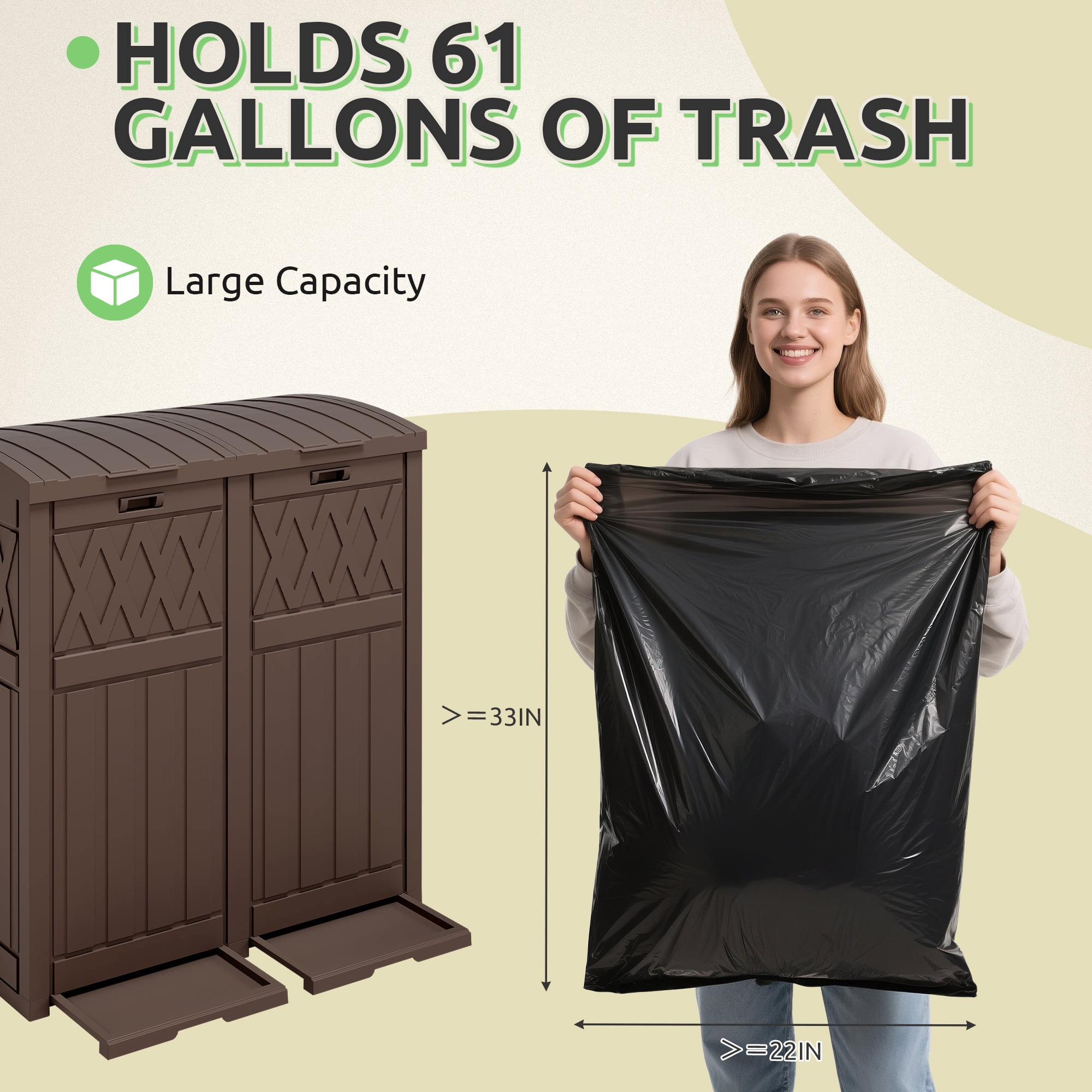 Uforic 62 Gallon Double Compartment Outdoor Trash Can, Waterproof Resin Garbage Bin with Tiered Lid & Drip Tray for Patio, Deck, Backyard, Dark Brown