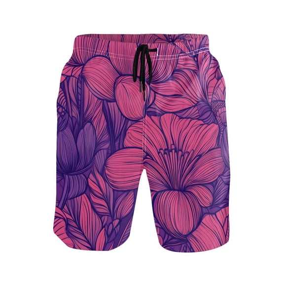Floral Pattern in Pink and Purple Mens Swim Trunks Quick Dry Board Shorts Breathable Fit Beach Shorts Swimwear