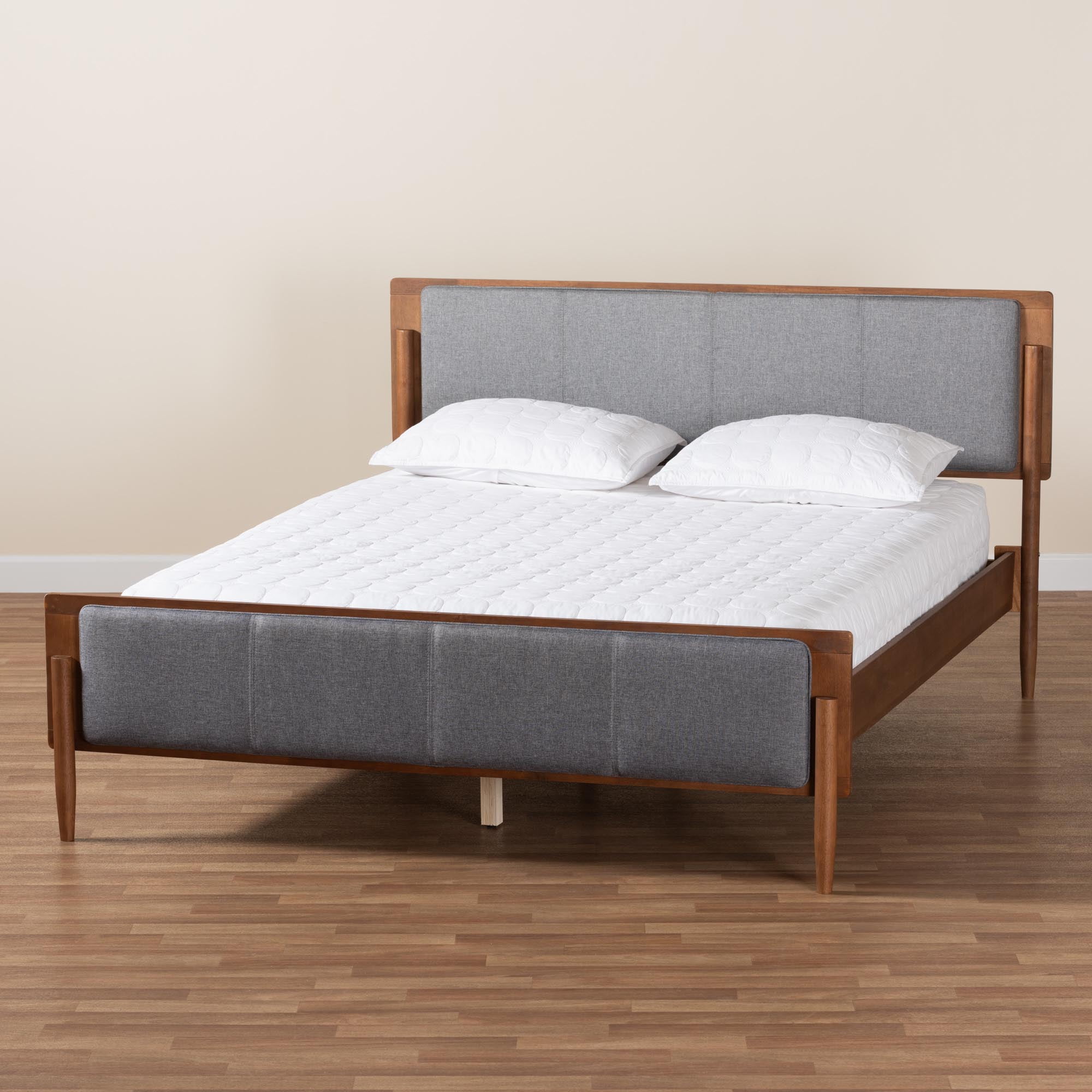 Baxton Studio Powers Mid-Century Modern Grey Fabric and Ash Walnut Finished Wood Queen Size Platform Bed